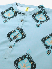 Women Poly Crepe Teal Solid Printed Straight Kurta Palazzo Set