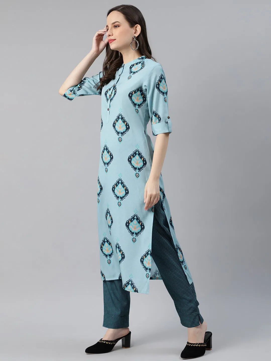 Teal Kurta Palazzo Set - Printed Indian Kurta for Women