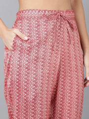 Women Orange Cotton Blend Kurta Trousers