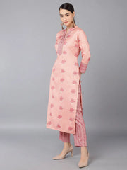 Women Orange Cotton Blend Kurta Trousers