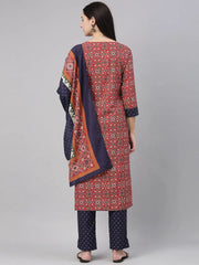 Women Crepe Red Ethnic Motifs Printed Straight Kurta Pant Dupatta Set 1