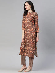 Women Crepe Brown Ethnic Motifs Printed Straight Kurta Trousers And Dupatta Set