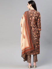 Women Crepe Brown Ethnic Motifs Printed Straight Kurta Trousers And Dupatta Set