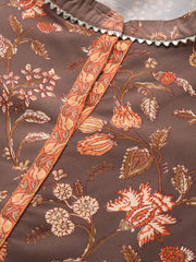 Women Crepe Brown Ethnic Motifs Printed Straight Kurta Trousers And Dupatta Set