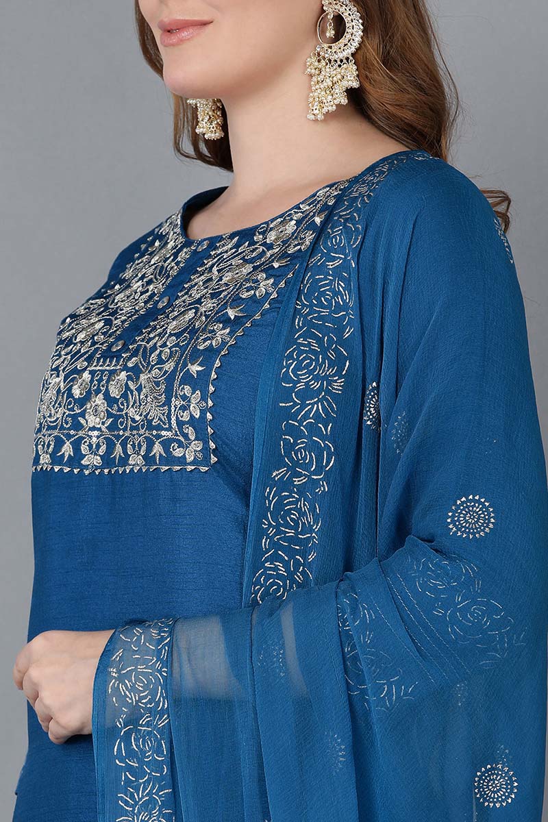 Women Blue Floral Yoke Design Regular Thread Work Kurta with Palazzos With Dupatta PKSKD1056