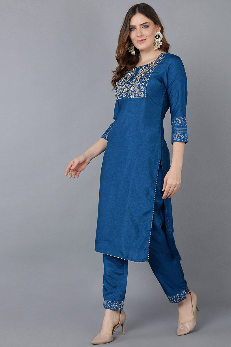 Women Blue Floral Yoke Design Regular Thread Work Kurta with Palazzos With Dupatta PKSKD1056