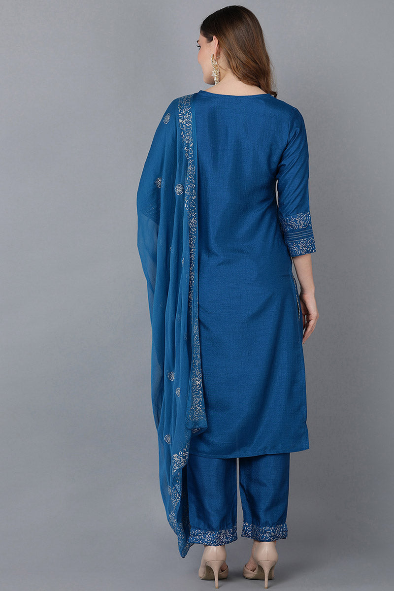 Women Blue Floral Yoke Design Regular Thread Work Kurta with Palazzos With Dupatta PKSKD1056