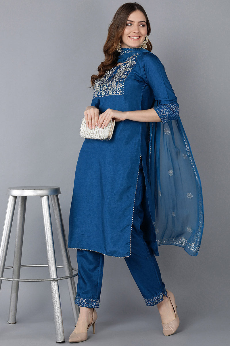 Women Blue Floral Yoke Design Regular Thread Work Kurta with Palazzos With Dupatta PKSKD1056