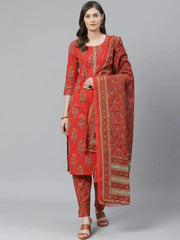 Women Red Ethnic Motifs Printed Polytser Kurta Trouser With Dupatta