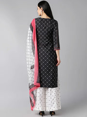 Women Black Polyester Printed Straight Kurta Palazzo Set With Dupatta