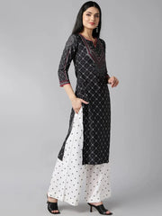 Women Black Polyester Printed Straight Kurta Palazzo Set With Dupatta