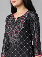 Women Black Polyester Printed Straight Kurta Palazzo Set With Dupatta