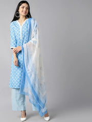 Women Blue White Floral Printed Regular Kurta With Trousers Dupatta Set