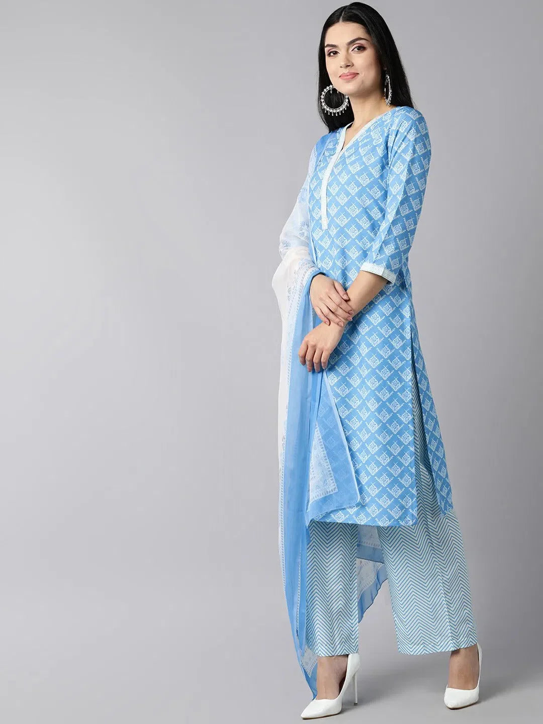 Blue & White Floral Women's Kurta Set with Dupatta | Ahika