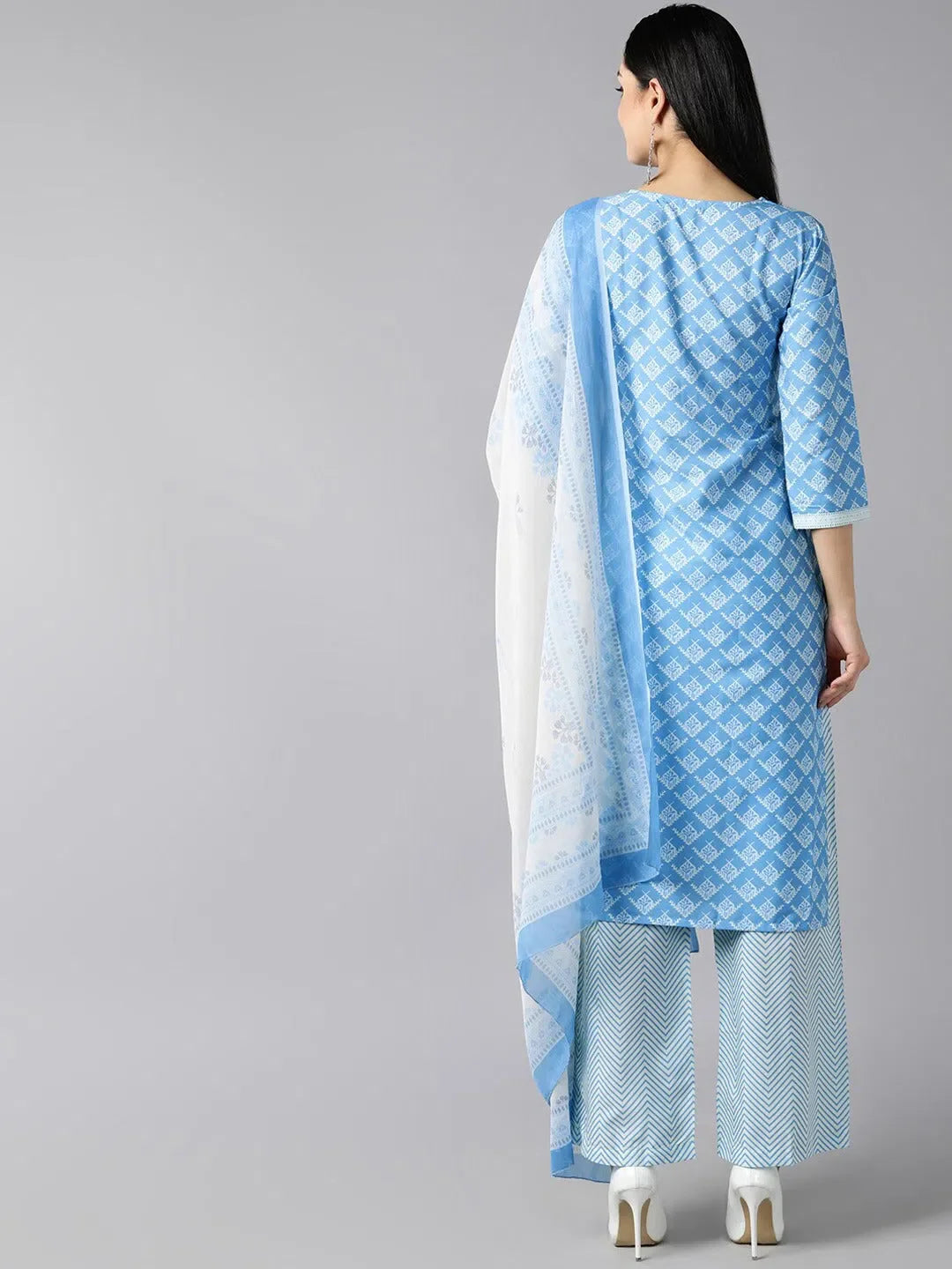 Blue & White Floral Women's Kurta Set with Dupatta | Ahika