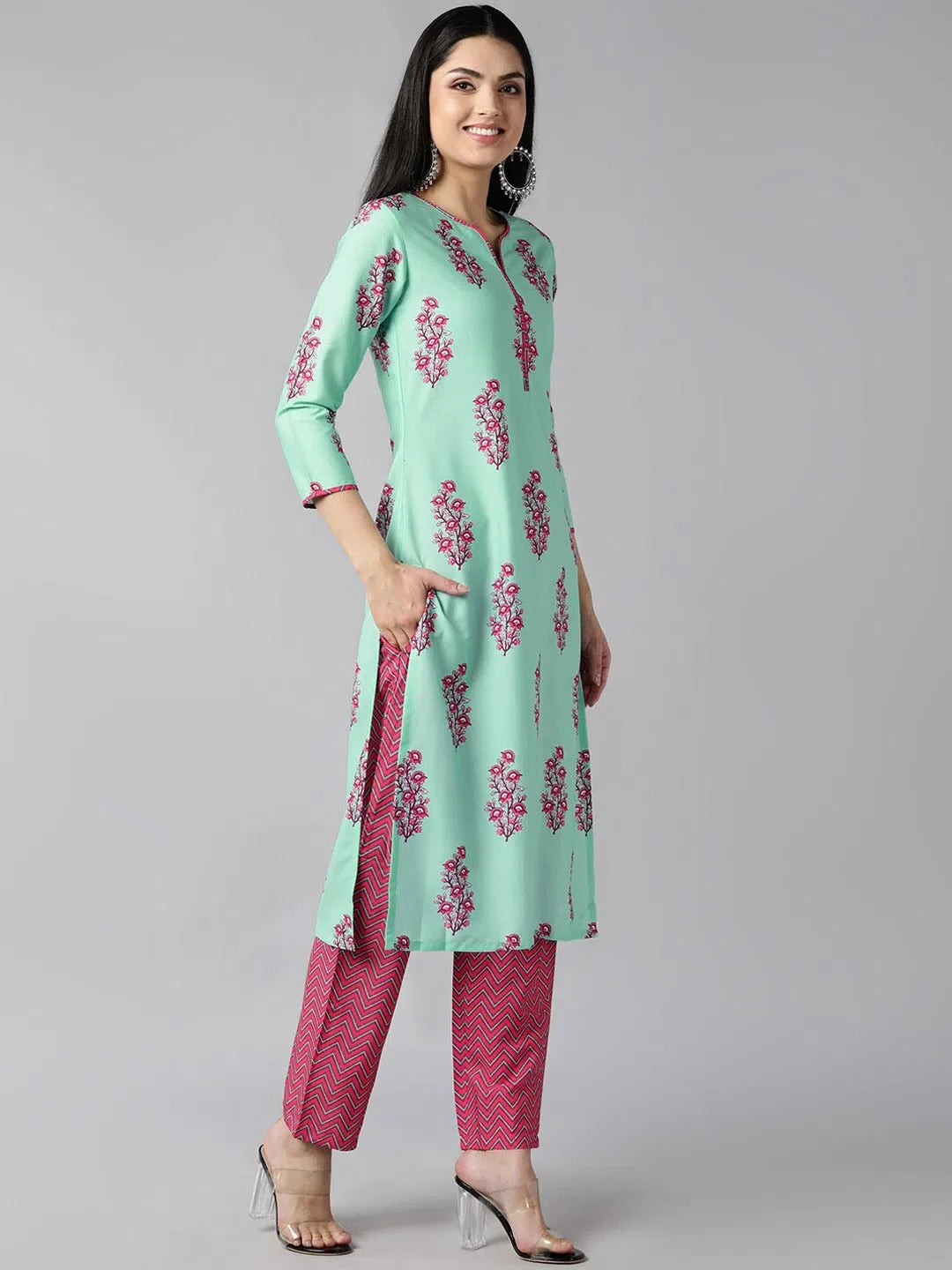 Sea Green Floral Women's Kurta Set with Dupatta | Ahika