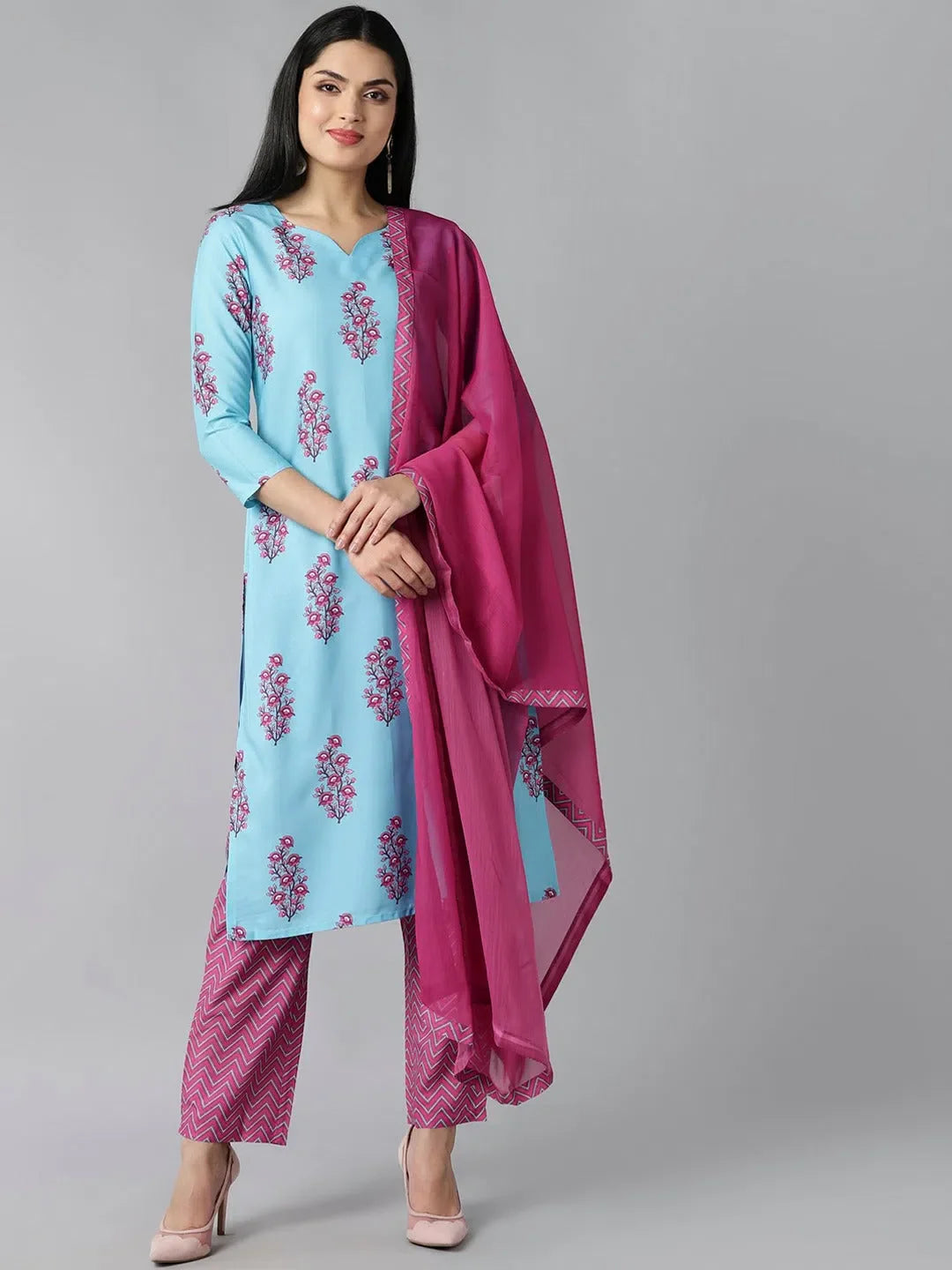 Women Blue Ethnic Motifs Embroidered Panelled Kurti With Salwar With Dupatta Set
