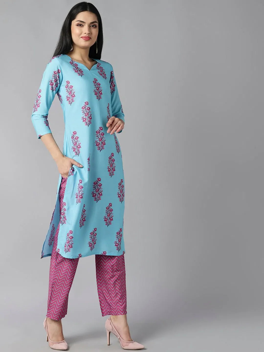Blue Floral Embroidered Indian Kurta Set for Women - Ahika