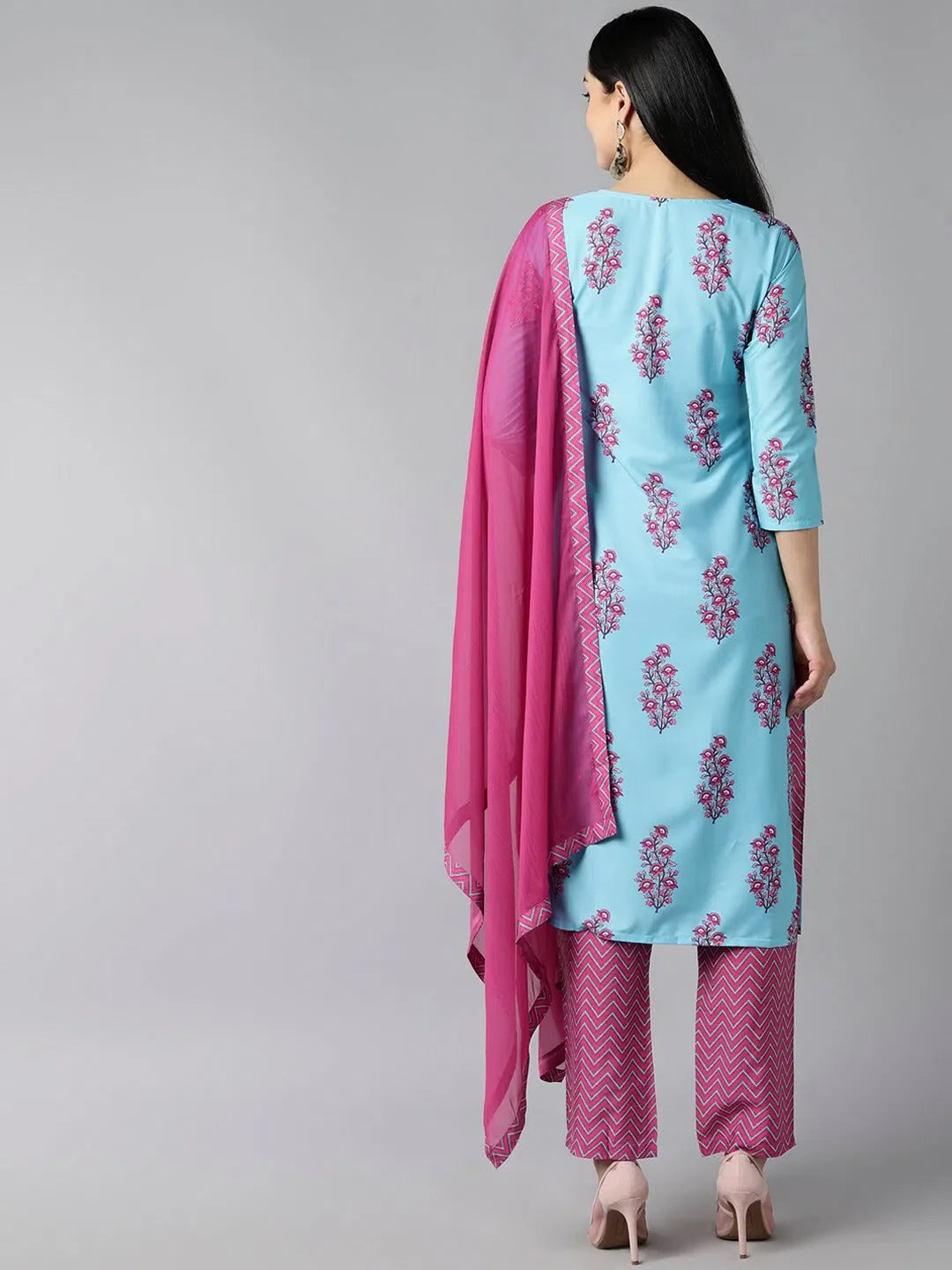 Blue Floral Embroidered Indian Kurta Set for Women - Ahika
