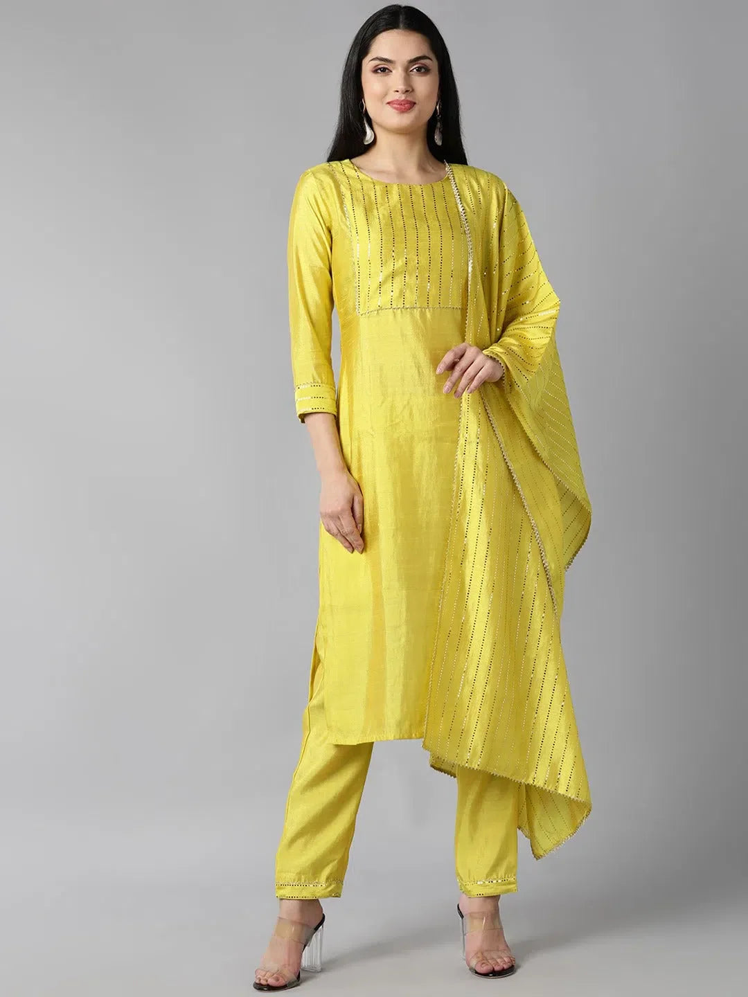 Women Yellow Poly Chanderi Yoke Design Straight Kurta Pant Set With Dupatta