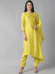 Women Yellow Yoke Design Regular Kurta With Trousers Dupatta Set