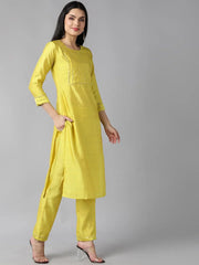 Women Yellow Poly Chanderi Yoke Design Straight Kurta Pant Set With Dupatta
