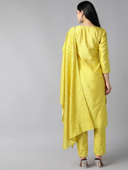 Women Yellow Poly Chanderi Yoke Design Straight Kurta Pant Set With Dupatta