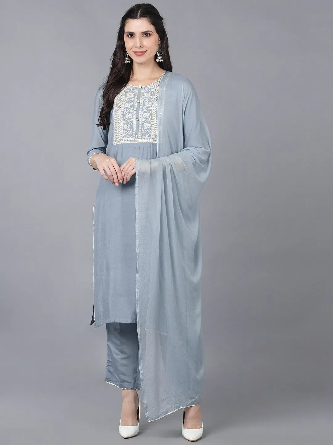 Grey Poly Silk Women's Kurta Set With Dupatta | Ahika