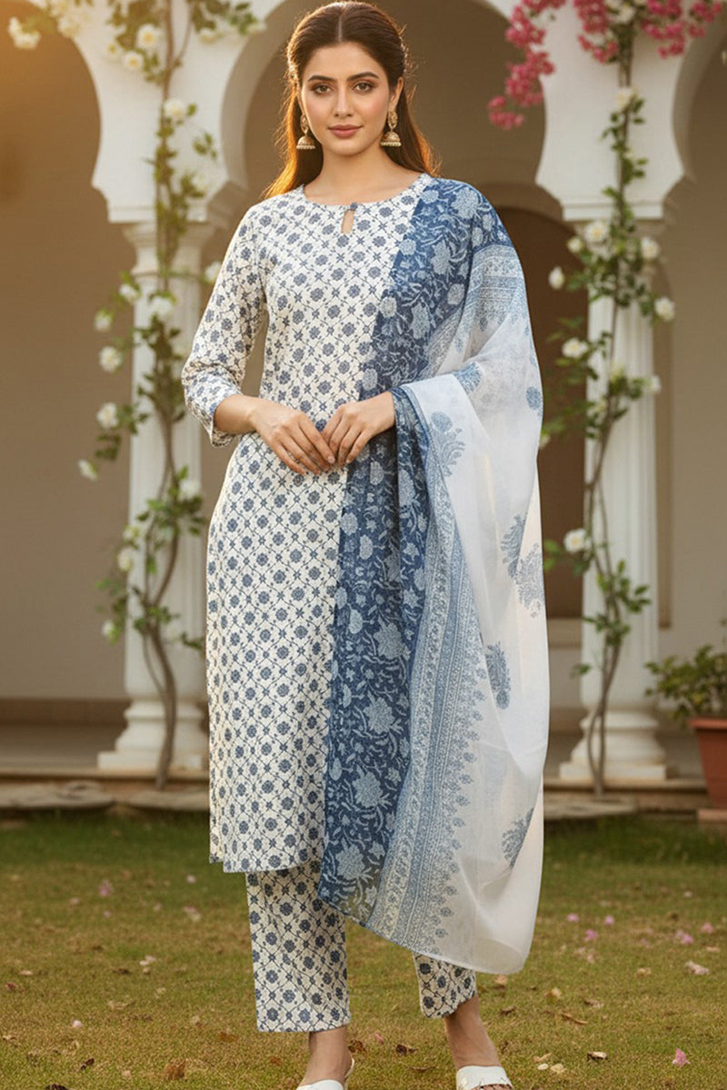 White Poly Crepe Ethnic Motifs Straight Suit Set PKSKD1152 | DesiQlo