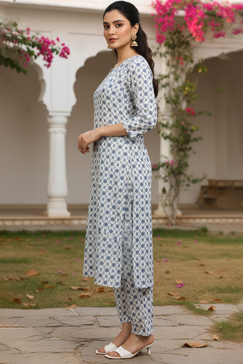 White Poly Crepe Ethnic Motifs Straight Suit Set PKSKD1152 | DesiQlo