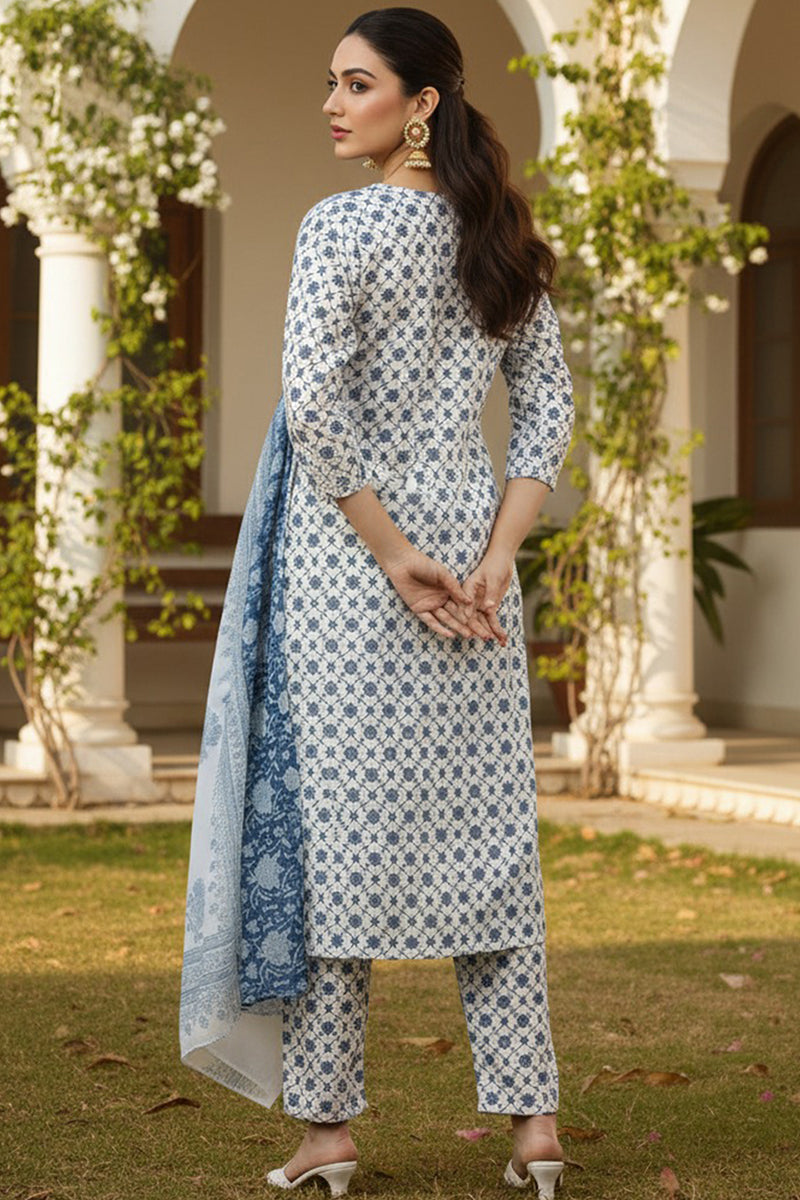White Poly Crepe Ethnic Motifs Straight Suit Set PKSKD1152 | DesiQlo
