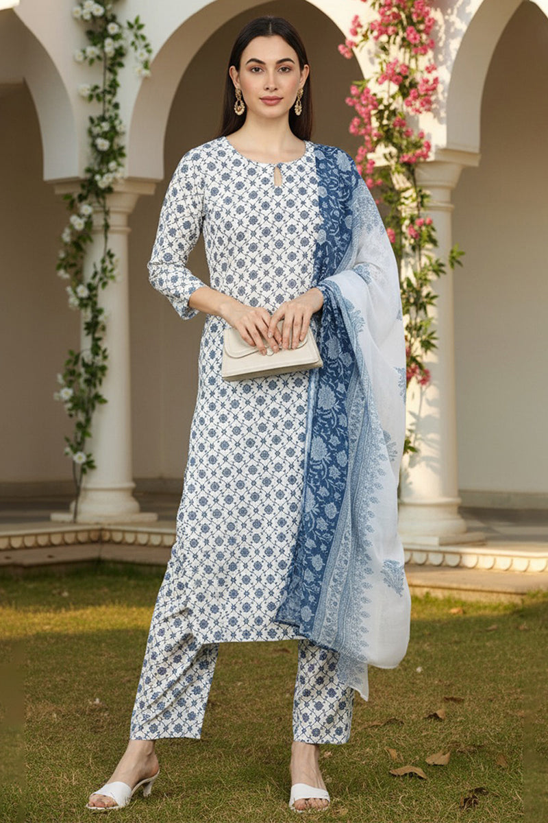 White Poly Crepe Ethnic Motifs Straight Suit Set PKSKD1152 | DesiQlo