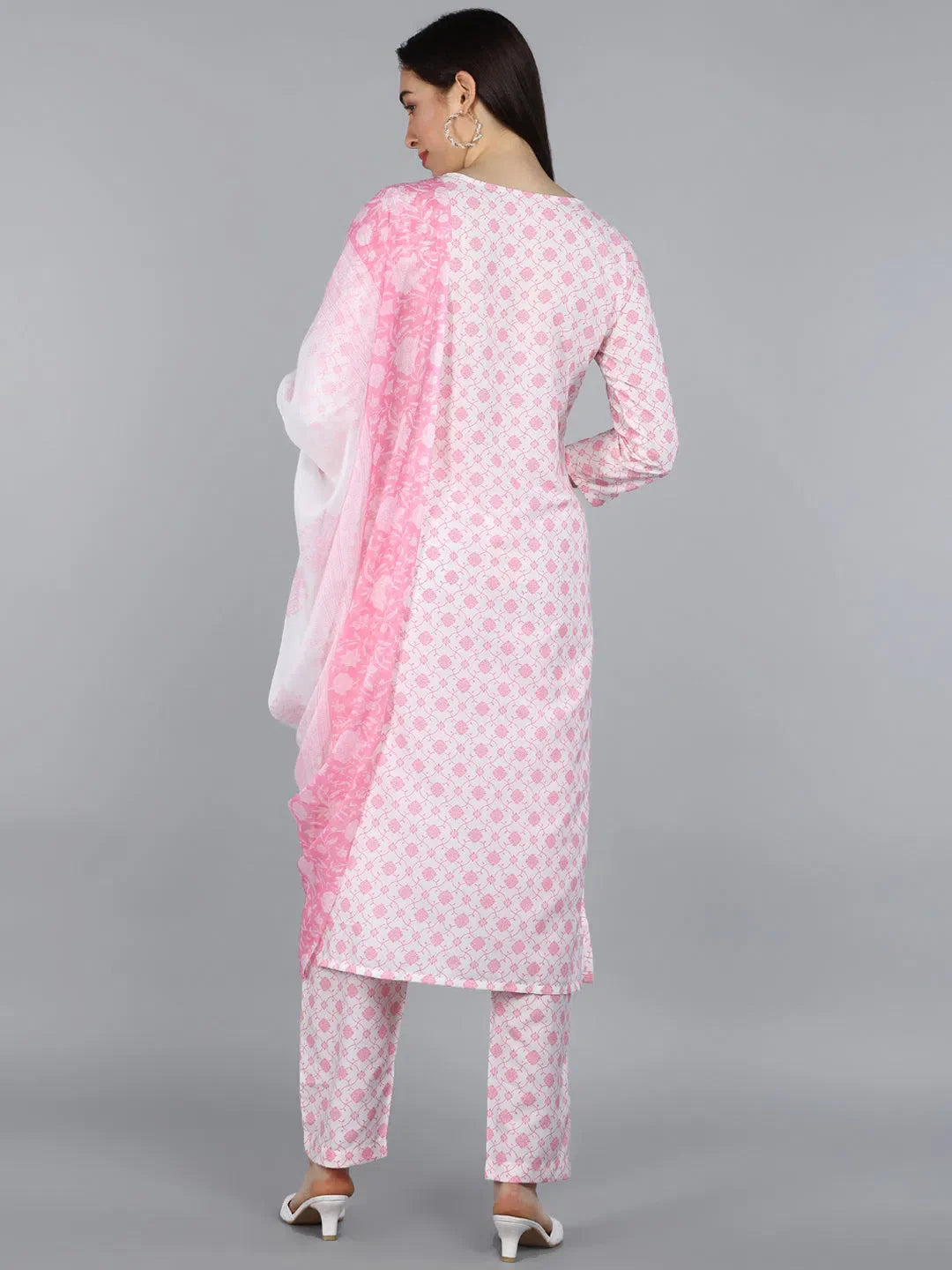 White Ethnic Printed Women's Kurta Set With Dupatta | Ahika