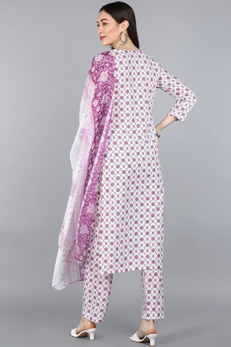 White Poly Crepe Ethnic Motifs Straight Suit Set PKSKD1156