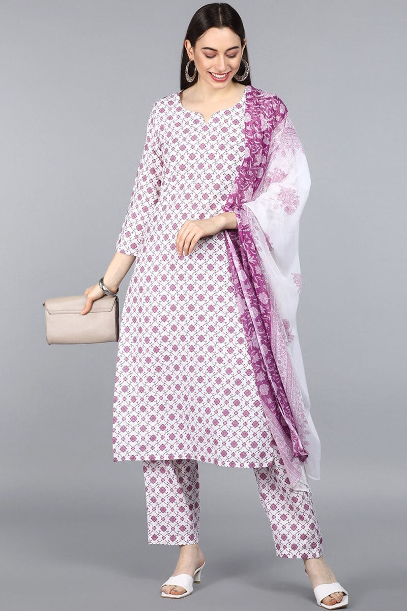 White Poly Crepe Ethnic Motifs Straight Suit Set PKSKD1156