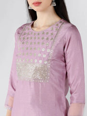 Women Mauve Solid Embroidered Kurti Trousers With Dupatta