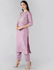 Women Mauve Solid Embroidered Kurti Trousers With Dupatta