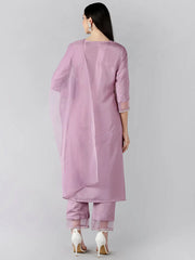 Women Mauve Solid Embroidered Kurti Trousers With Dupatta
