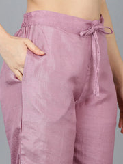 Women Lavender Poly Silk Solid Yoke Design Kurta Trousers With Dupatta