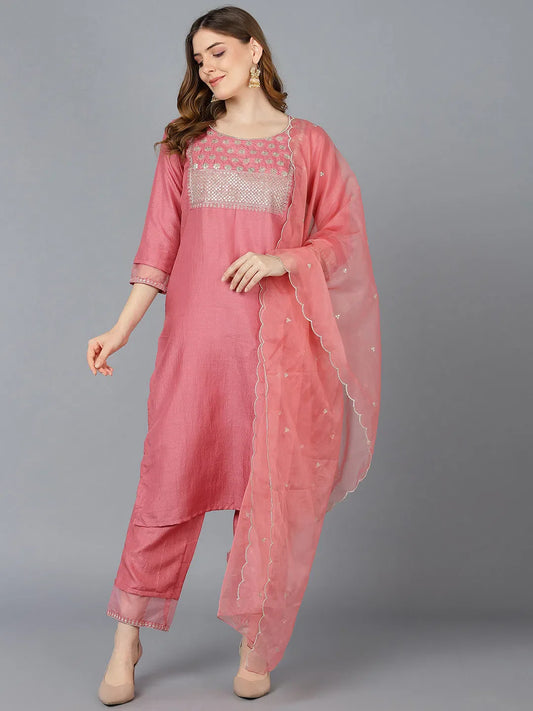Women Peach Poly Silk Solid Yoke Design Kurta Trousers With Dupatta 1080