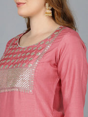 Women Peach Poly Silk Solid Yoke Design Kurta Trousers With Dupatta