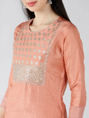 Women Peach Solid Embroidered Kurti Trousers With Dupatta