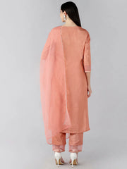 Women Peach Solid Embroidered Kurti Trousers With Dupatta