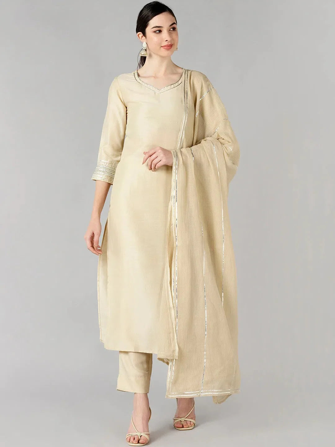 Cream Solid Women's Kurta Set With Dupatta | Indian Kurta Set