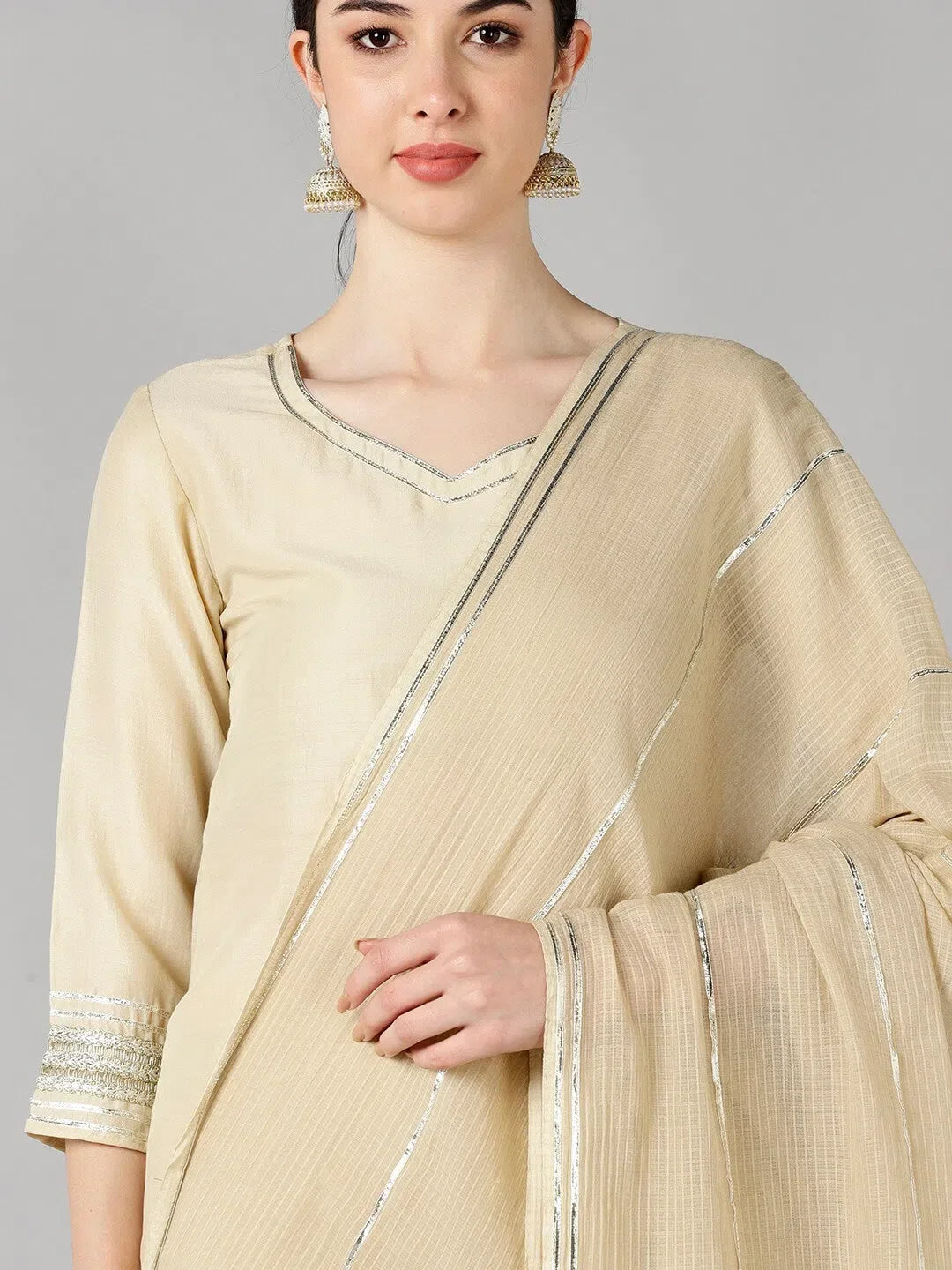 Cream Solid Women's Kurta Set With Dupatta | Indian Kurta Set