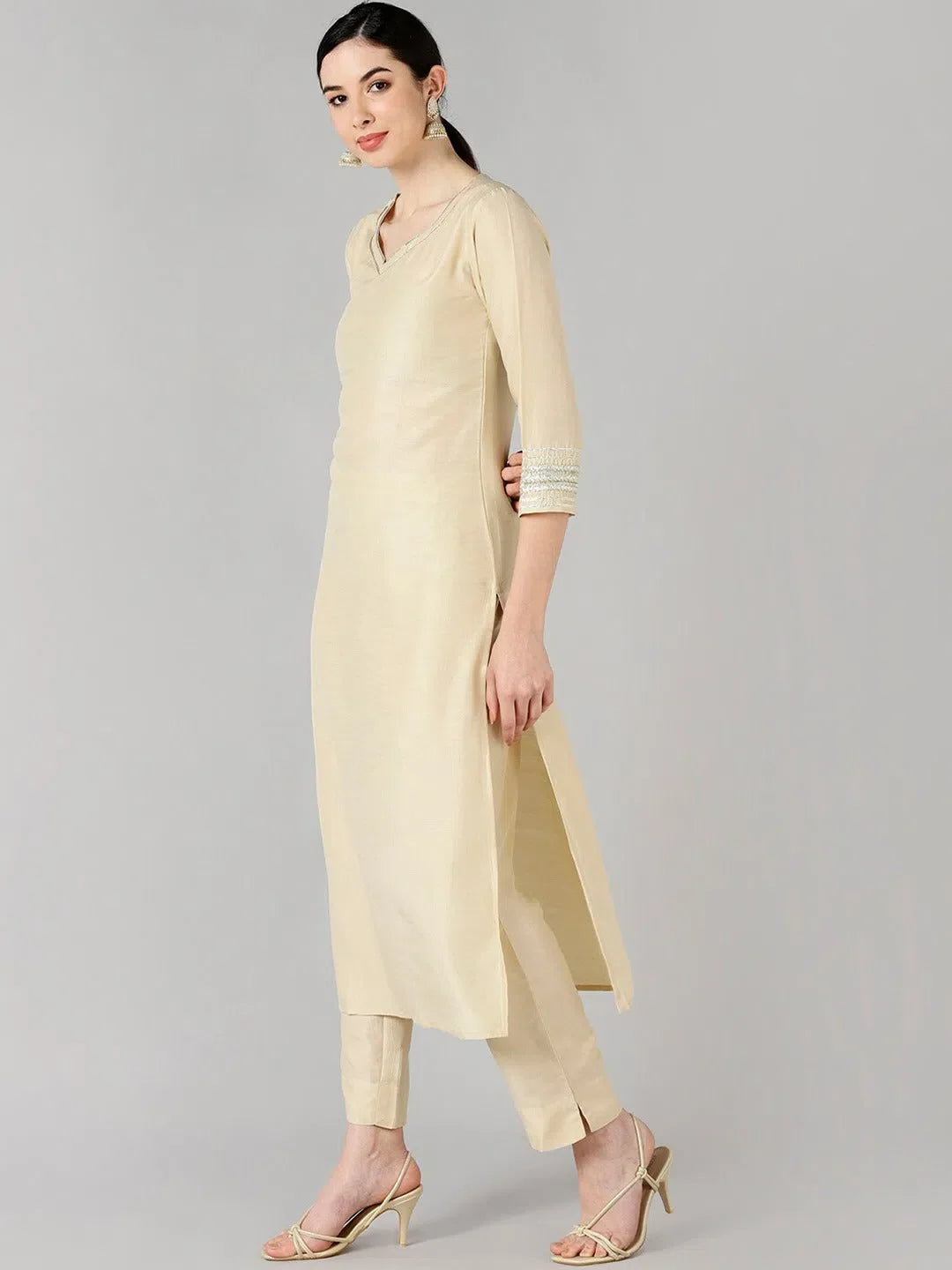 Cream Solid Women's Kurta Set With Dupatta | Indian Kurta Set