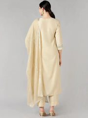 Women Cream Solid Kurta Trousers With Dupatta