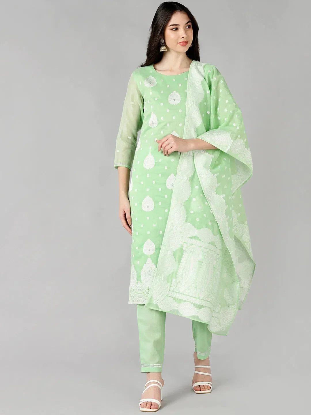 Green Woven Design Women's Kurta Set With Dupatta | Ahika