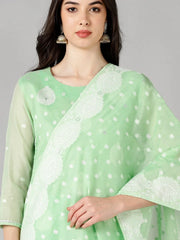 Women Green Woven Design Kurta Trousers With Dupatta 2