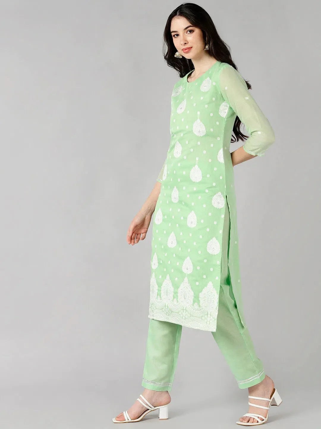 Green Woven Design Women's Kurta Set With Dupatta | Ahika